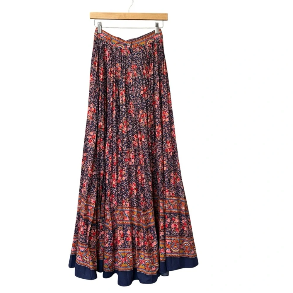 Vintage Elissa of California Blue Pink Pleated Maxi‎ Skirt 60’s 70’s Floral XS